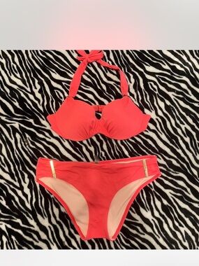 Victoria's Secret Coral Halter Bikini Top with Gold Hardware